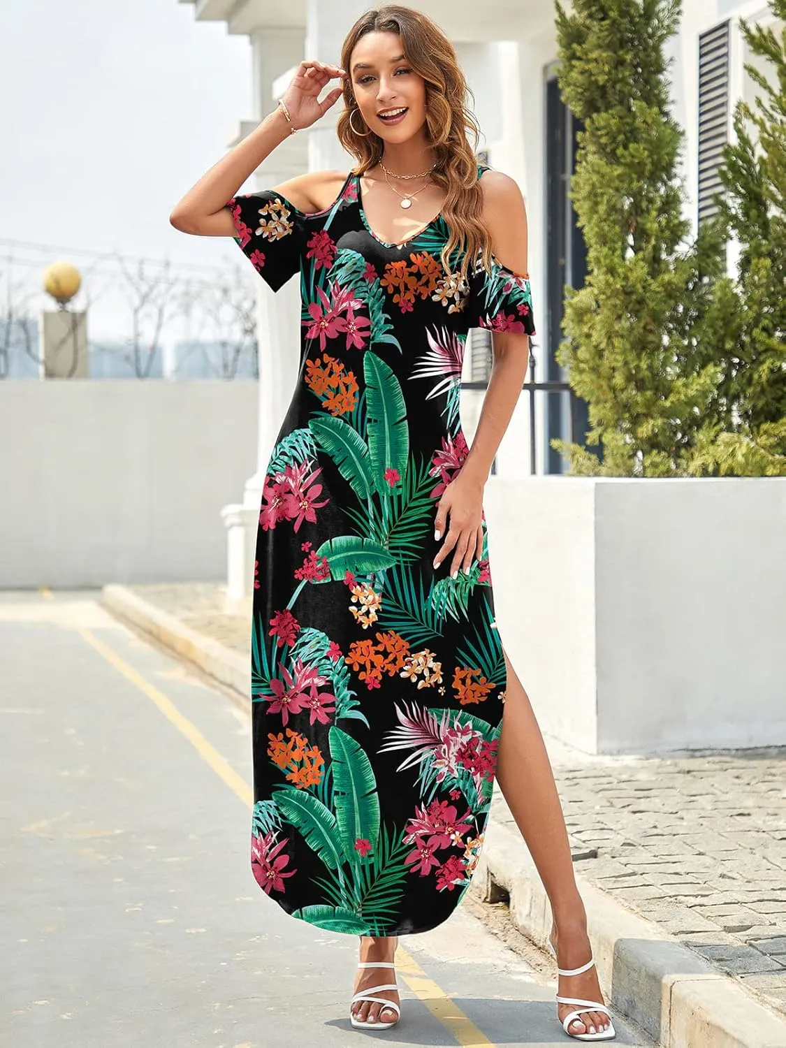 HUSKARY Women's Summer Maxi Dresses V Neck Cold Shoulder Short Sleeve Casual Loose Long Split Dress with Pocket