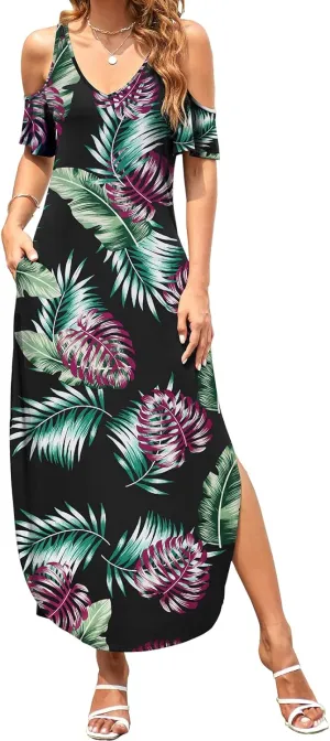 HUSKARY Women's Summer Maxi Dresses V Neck Cold Shoulder Short Sleeve Casual Loose Long Split Dress with Pocket