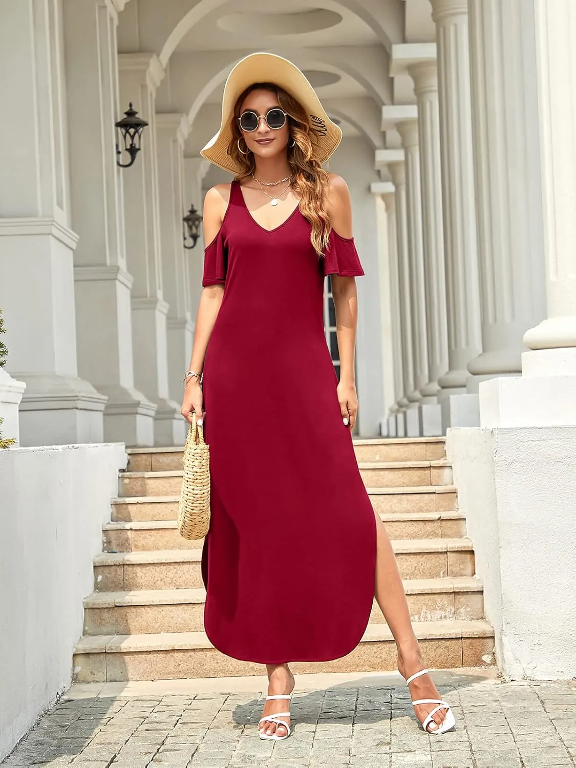 HUSKARY Women's Summer Maxi Dresses V Neck Cold Shoulder Short Sleeve Casual Loose Long Split Dress with Pocket