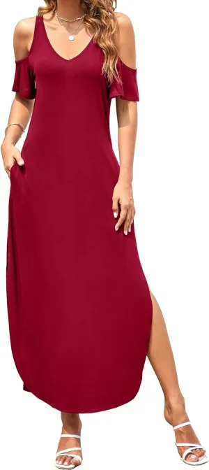 HUSKARY Women's Summer Maxi Dresses V Neck Cold Shoulder Short Sleeve Casual Loose Long Split Dress with Pocket