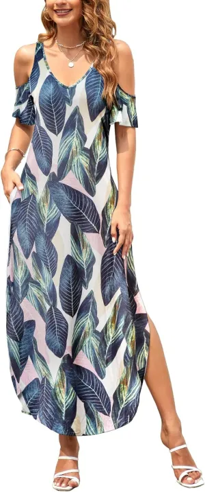 HUSKARY Women's Summer Maxi Dresses V Neck Cold Shoulder Short Sleeve Casual Loose Long Split Dress with Pocket