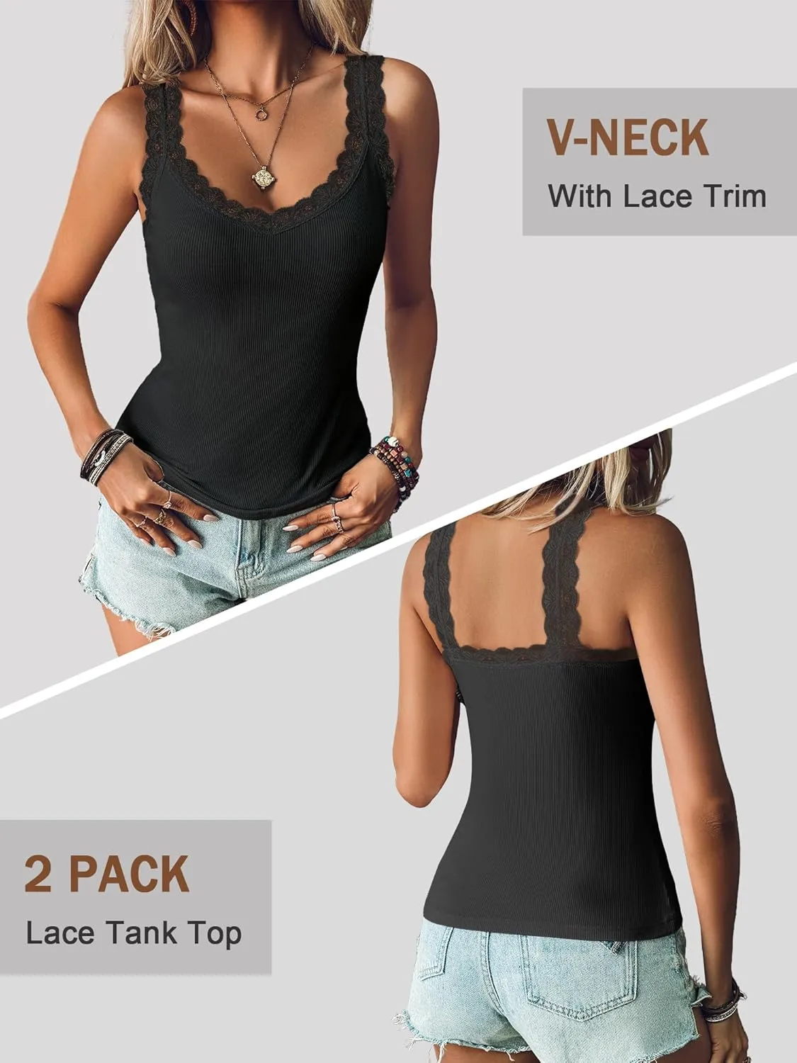 Ibeauti 2 Pack Lace Camisole Tank Tops for Women Sleeveless Summer Going Out Tops Ribbed Cami Undershirts