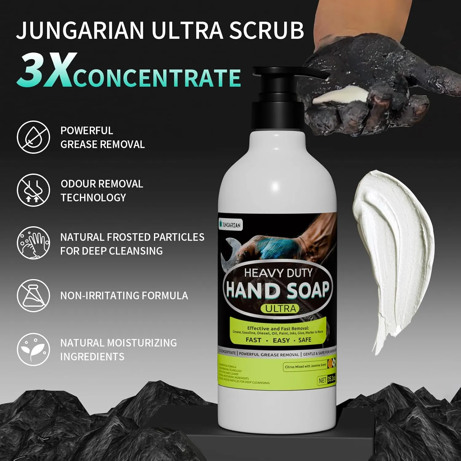 Industrial Hand Cleaner for Auto Mechanics with Brush - Odour-removing Mechanic Soap for Hands - Tough Dirt Buster for Auto Mechanics, Manufacturing, Home painting DIY projects (17.6oz)