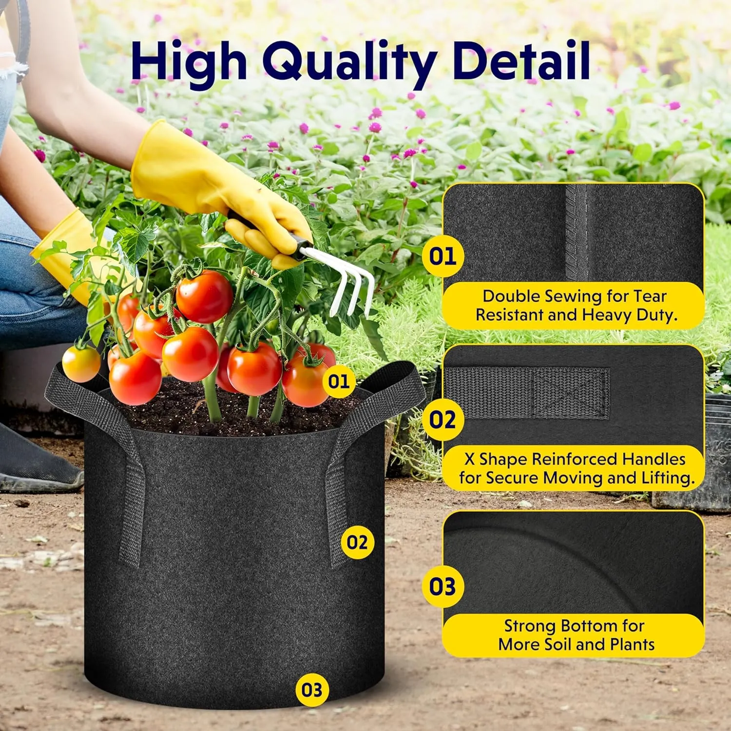iPower 3 Gallon 20-Pack Grow Bags 300G Thick Nonwoven Aeration Fabric Pots Heavy Duty Plant Containers with Handles for Garden Planting, Black