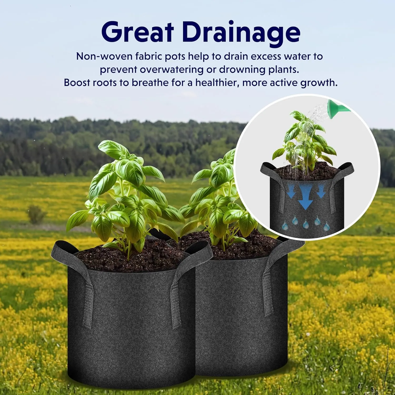 iPower 3 Gallon 20-Pack Grow Bags 300G Thick Nonwoven Aeration Fabric Pots Heavy Duty Plant Containers with Handles for Garden Planting, Black