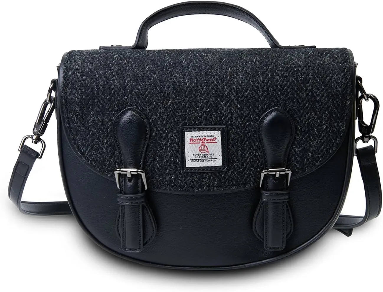 Islander HarrisTweed The Cobble Satchel Fashion Women shoulder bag Small and Medium (Medium, Black Herringbone), Black Herringbone, M
