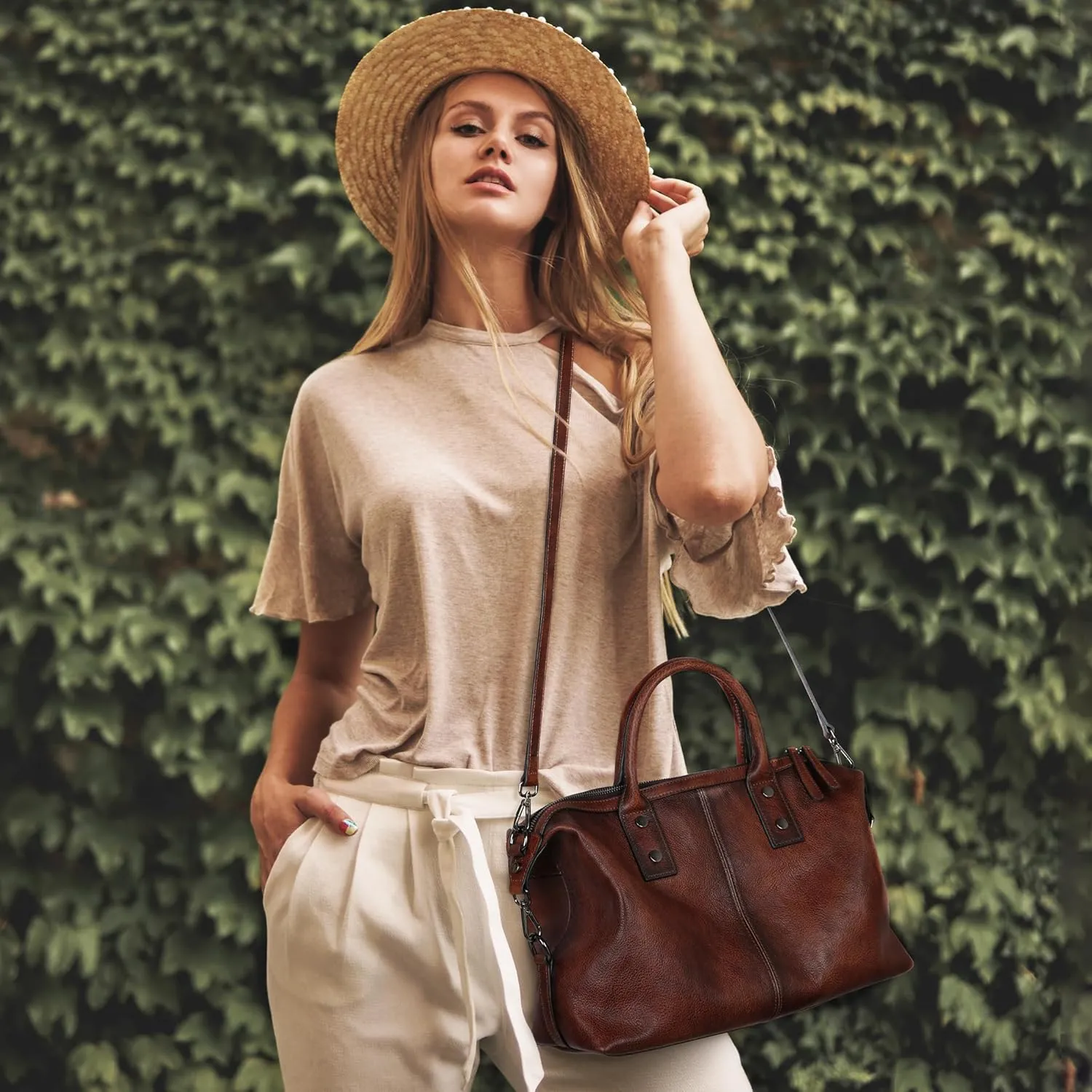 Iswee Genuine Leather Satchel Tote Bag Top Handle Handbag Designer Shoulder Bag Large Capacity Cross Body Bag