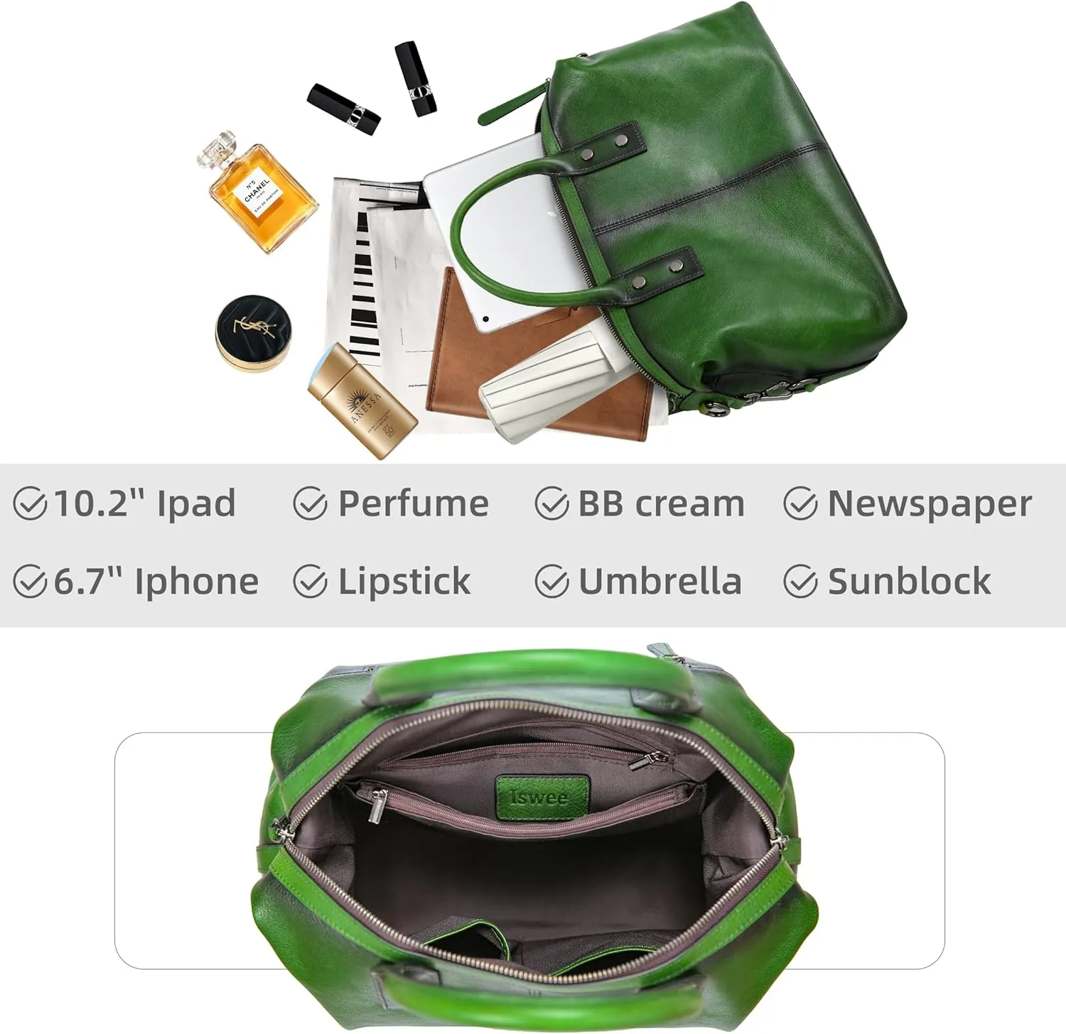 Iswee Genuine Leather Satchel Tote Bag Top Handle Handbag Designer Shoulder Bag Large Capacity Cross Body Bag