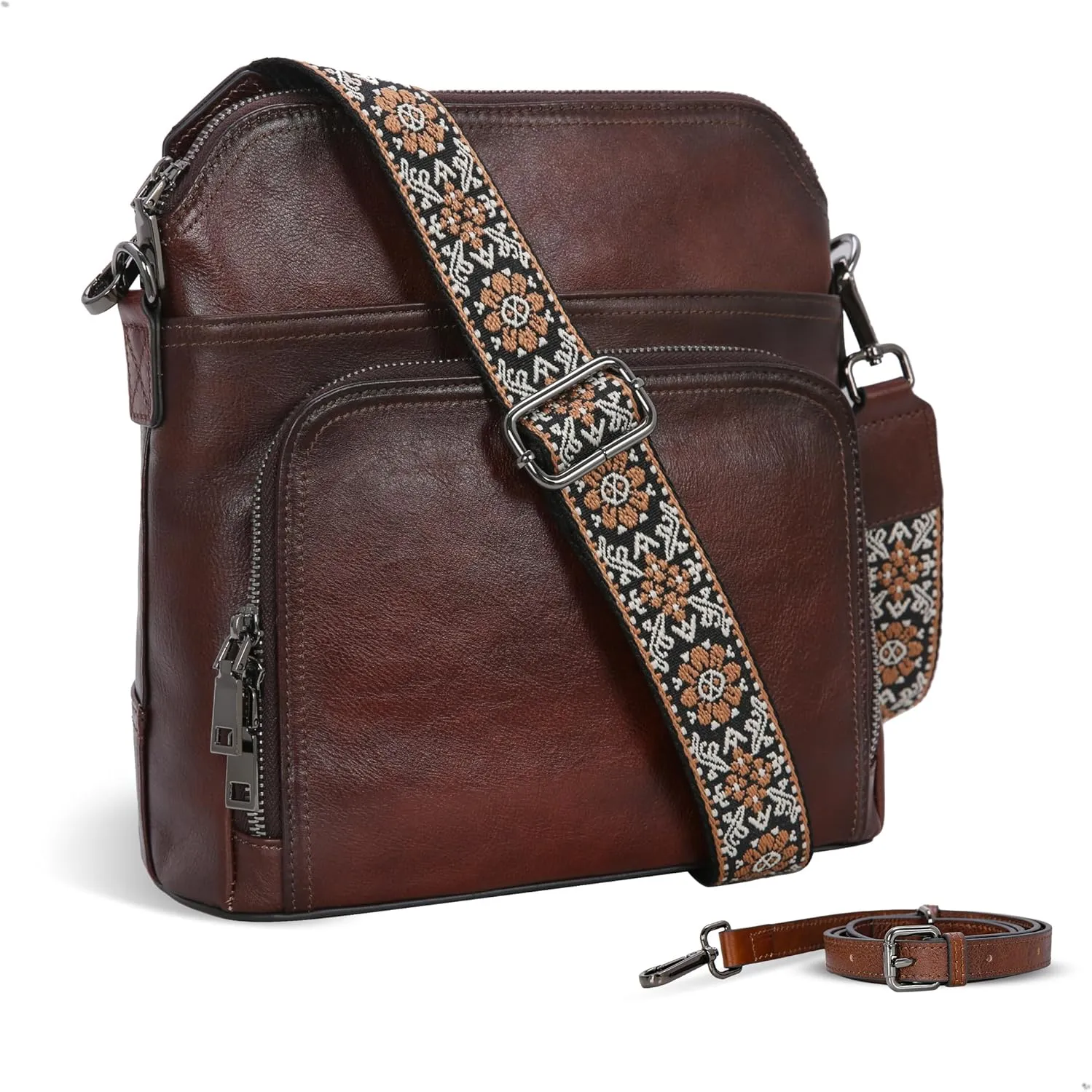 Iswee Leather Crossbody Bags for Women Multi Pockets Medium Shoulder Bag Lightweight Functional Travel Purse