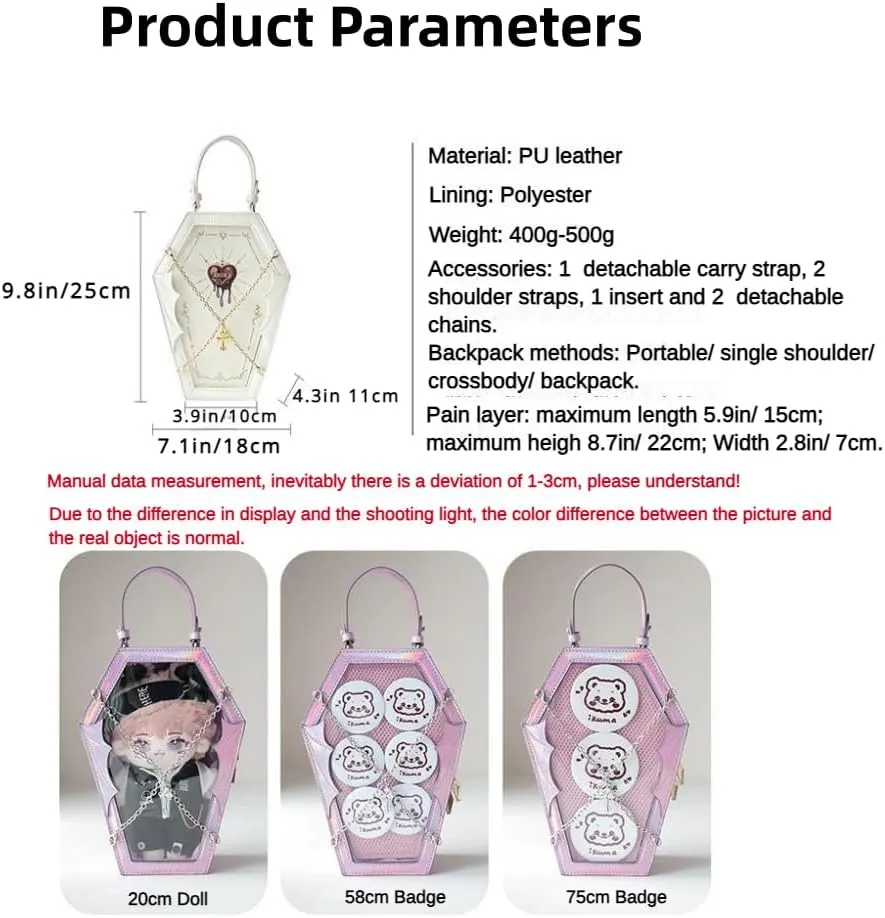 Ita Bag Backpack Gothic Coffin Purses and Handbags for Women Halloween Shoulder Bag with Insert and Chains (Pink)