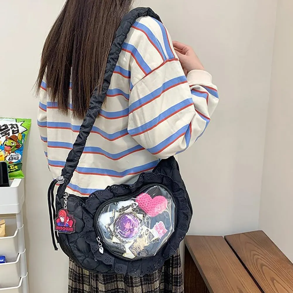 Ita Bag Dumpling Shaped Love Lace Shoulder Bag, Japanese Cute Quilted Satchel Drawstring Crossbody Purse, Clear Window Tote