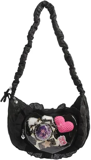 Ita Bag Dumpling Shaped Love Lace Shoulder Bag, Japanese Cute Quilted Satchel Drawstring Crossbody Purse, Clear Window Tote