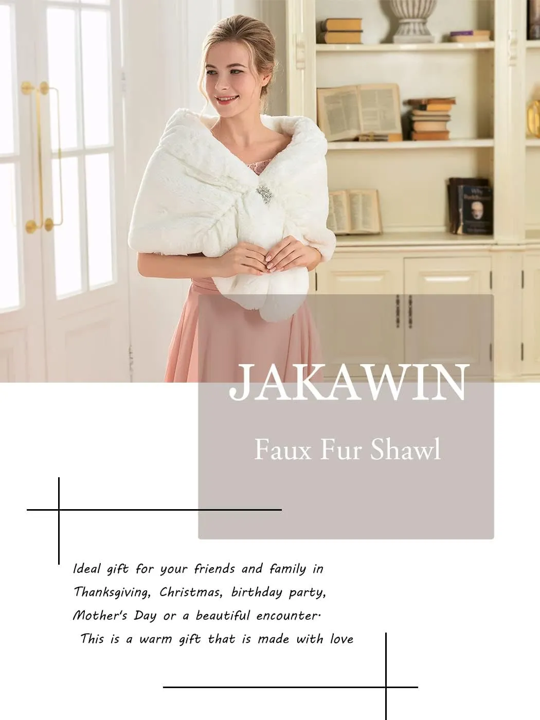 JAKAWIN Women’s Faux Fur Wraps and Shawls Bride Wedding Fur Stole Bridal Fur Shrug Scarf Cover Up for Women