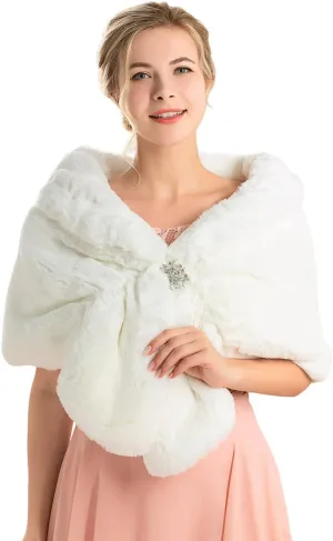 JAKAWIN Women’s Faux Fur Wraps and Shawls Bride Wedding Fur Stole Bridal Fur Shrug Scarf Cover Up for Women