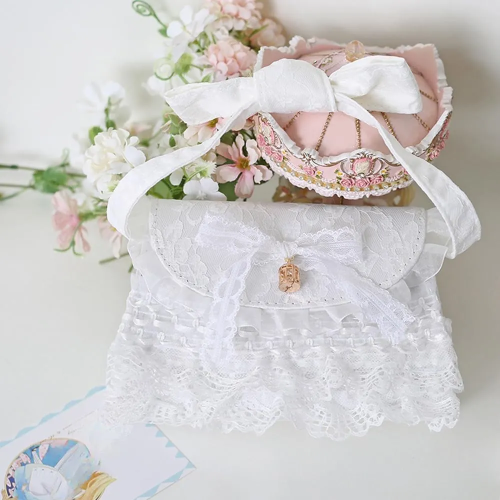 Japanese Lolita Lace Handbag Purse Kawaii Shoulder Bag Bowknot Crossbody Bag for Women Prom Party