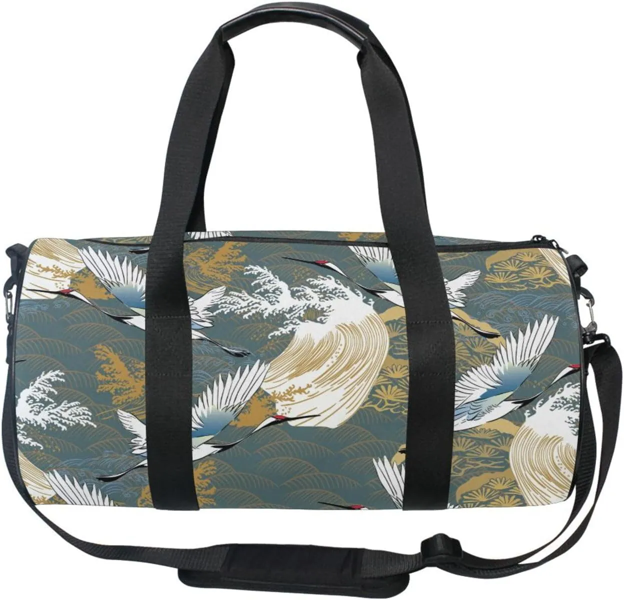 Japanese Traditional Crane Birds, Wave, Trees Asia Oriental Motifs Portable Gym Bag, Travel Bag, Luggage bag, Sports Bag, Toiletry Bag with Handles, Detachable Shoulder Strap 17.6 x 9 x 9 inch