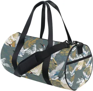 Japanese Traditional Crane Birds, Wave, Trees Asia Oriental Motifs Portable Gym Bag, Travel Bag, Luggage bag, Sports Bag, Toiletry Bag with Handles, Detachable Shoulder Strap 17.6 x 9 x 9 inch