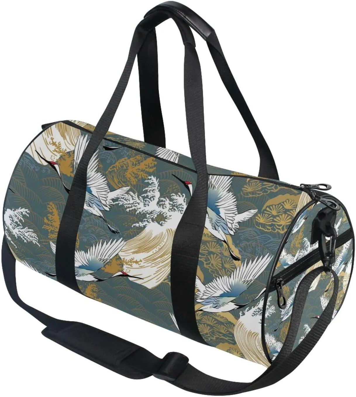 Japanese Traditional Crane Birds, Wave, Trees Asia Oriental Motifs Portable Gym Bag, Travel Bag, Luggage bag, Sports Bag, Toiletry Bag with Handles, Detachable Shoulder Strap 17.6 x 9 x 9 inch