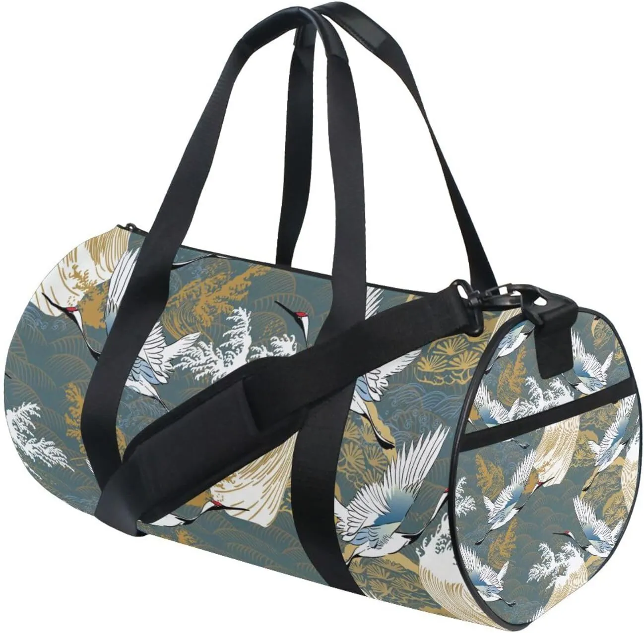 Japanese Traditional Crane Birds, Wave, Trees Asia Oriental Motifs Portable Gym Bag, Travel Bag, Luggage bag, Sports Bag, Toiletry Bag with Handles, Detachable Shoulder Strap 17.6 x 9 x 9 inch