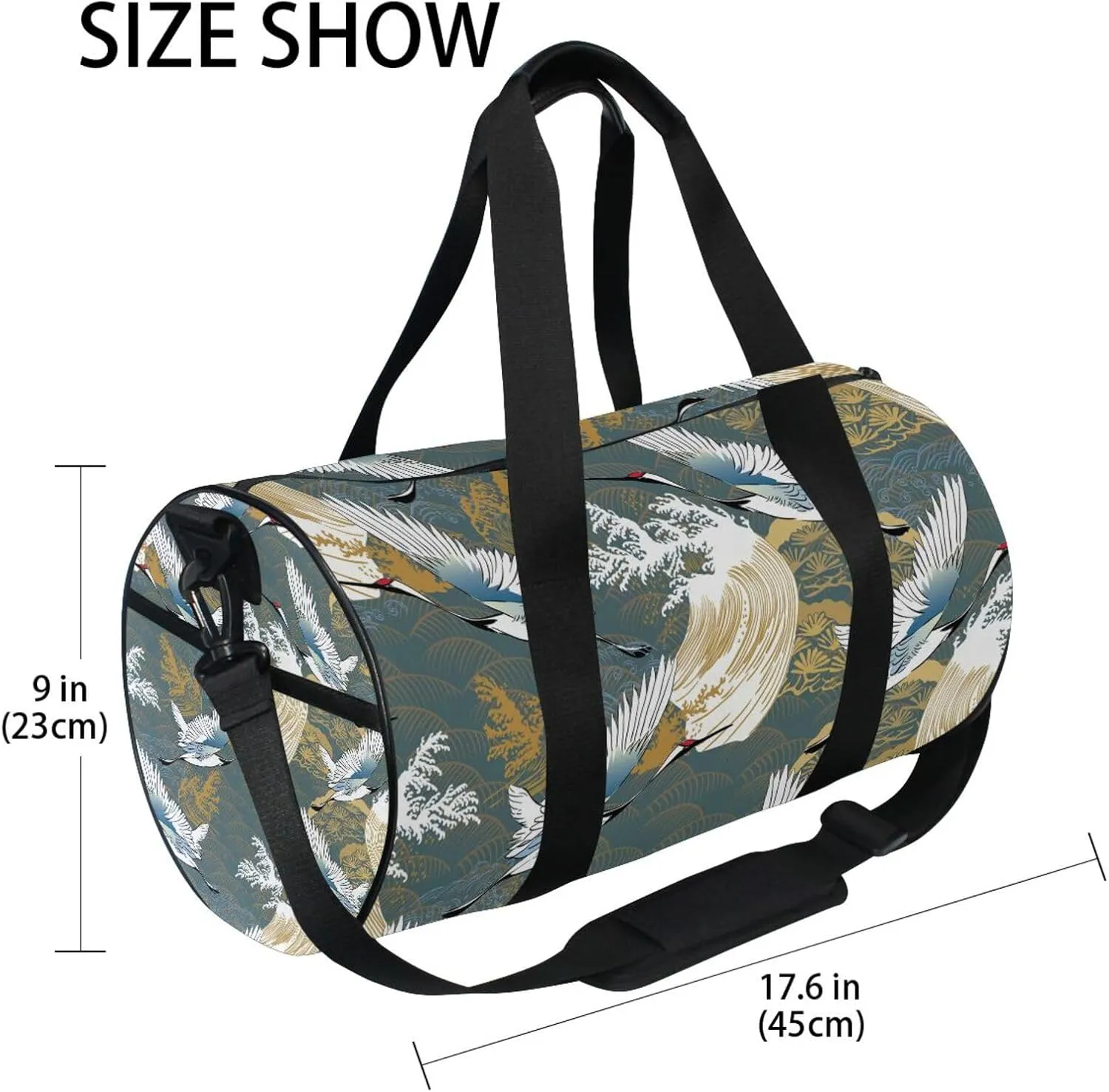 Japanese Traditional Crane Birds, Wave, Trees Asia Oriental Motifs Portable Gym Bag, Travel Bag, Luggage bag, Sports Bag, Toiletry Bag with Handles, Detachable Shoulder Strap 17.6 x 9 x 9 inch