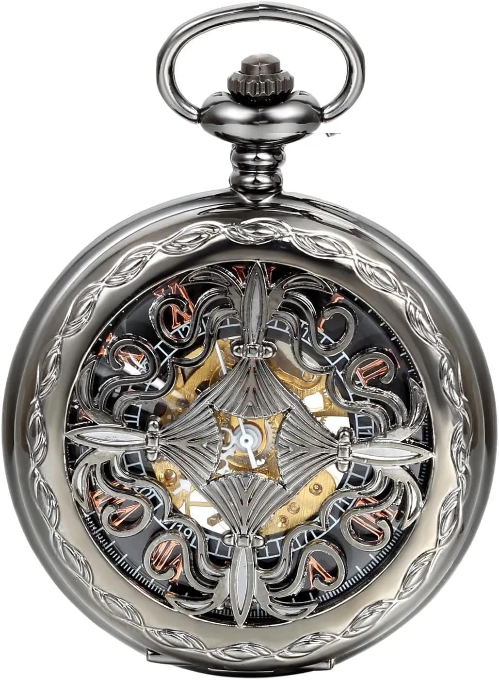 JewelryWe Antique Mechanical Pocket Watch Retro Classic Mechanical Hand-Wind Pocket Watch Steampunk Fob Watch Pendant Watch with Chain,