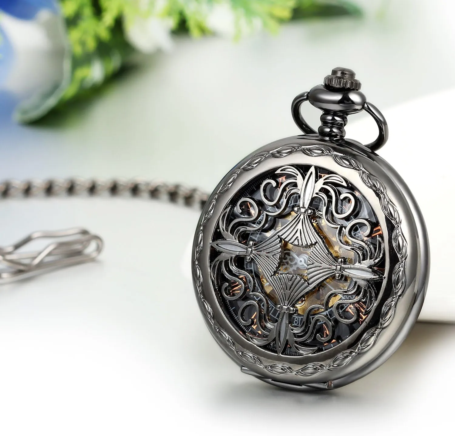 JewelryWe Antique Mechanical Pocket Watch Retro Classic Mechanical Hand-Wind Pocket Watch Steampunk Fob Watch Pendant Watch with Chain,