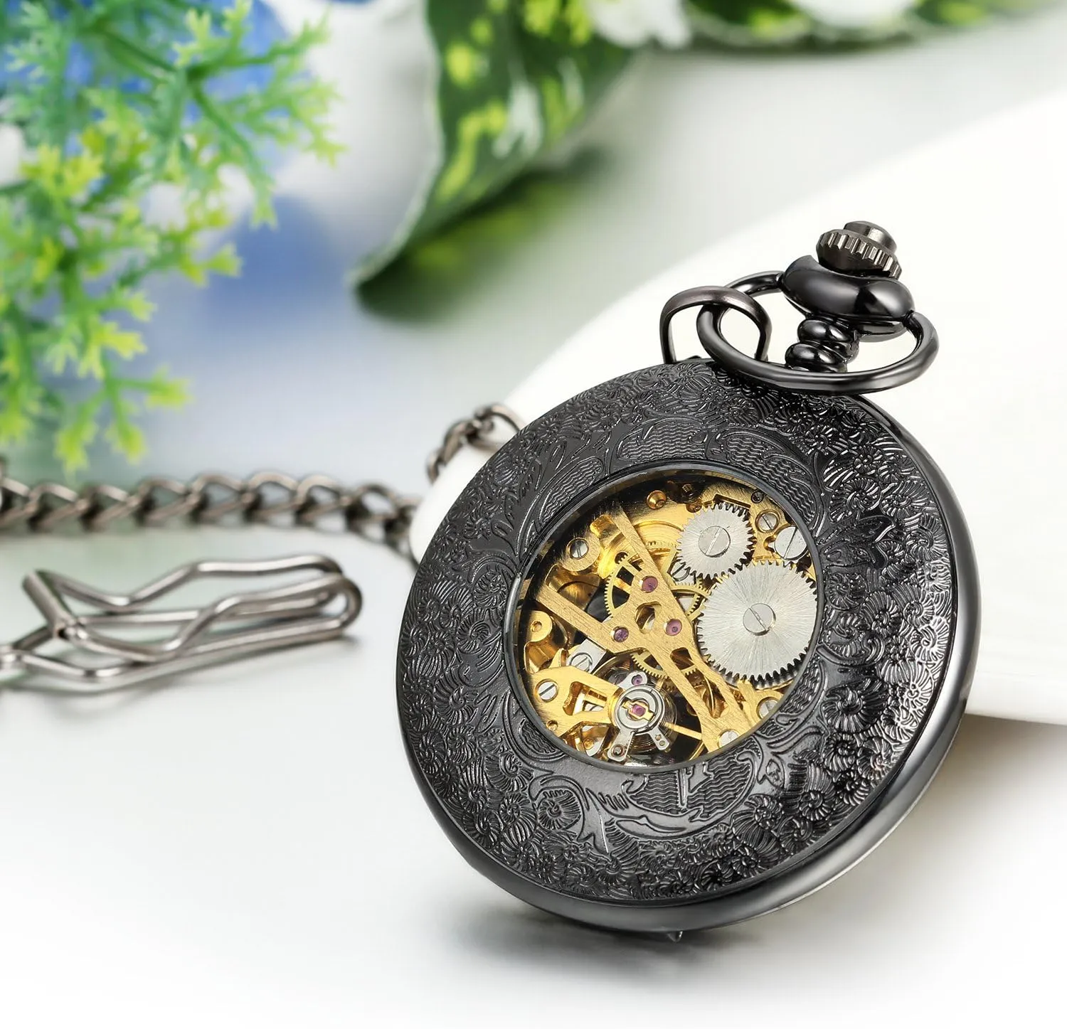 JewelryWe Antique Mechanical Pocket Watch Retro Classic Mechanical Hand-Wind Pocket Watch Steampunk Fob Watch Pendant Watch with Chain,