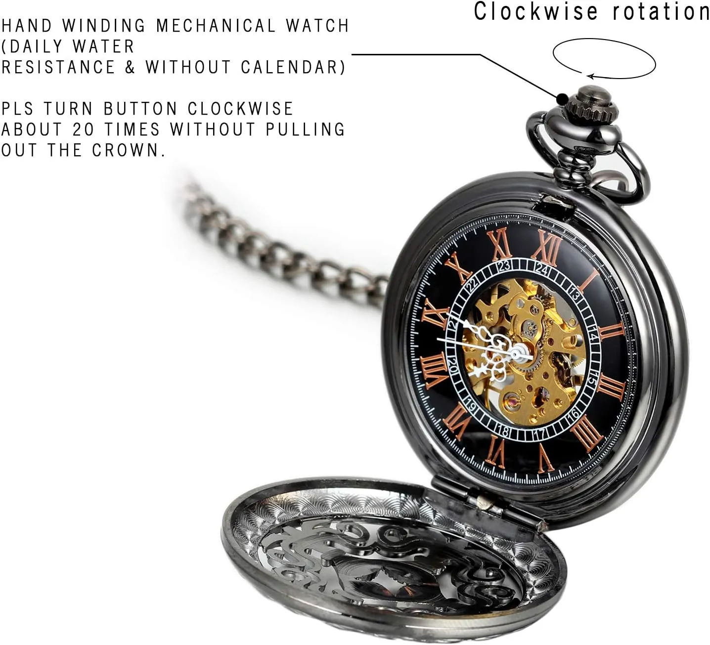 JewelryWe Antique Mechanical Pocket Watch Retro Classic Mechanical Hand-Wind Pocket Watch Steampunk Fob Watch Pendant Watch with Chain,
