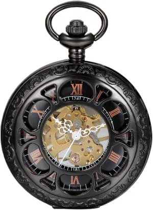 JewelryWe Half Hunter Pocket Watch with Chain Black Dial Steampunk Mechanical Hand Wind Movement