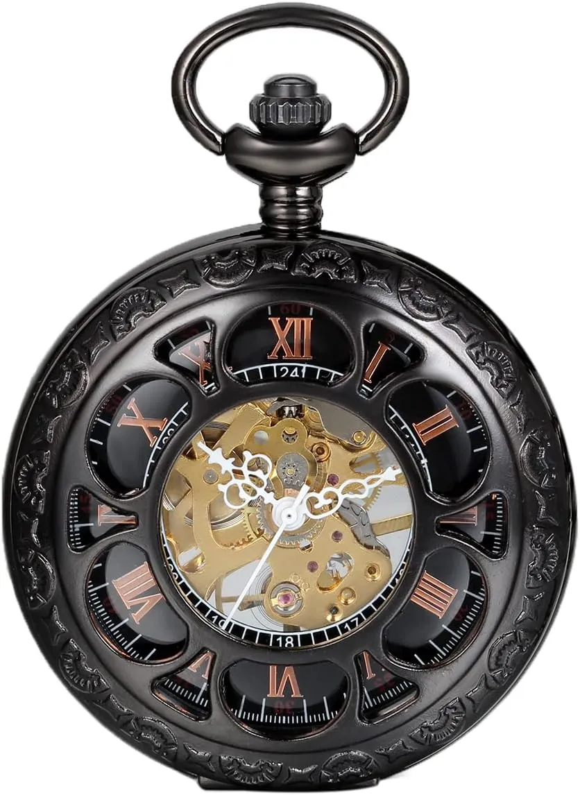 JewelryWe Half Hunter Pocket Watch with Chain Black Dial Steampunk Mechanical Hand Wind Movement