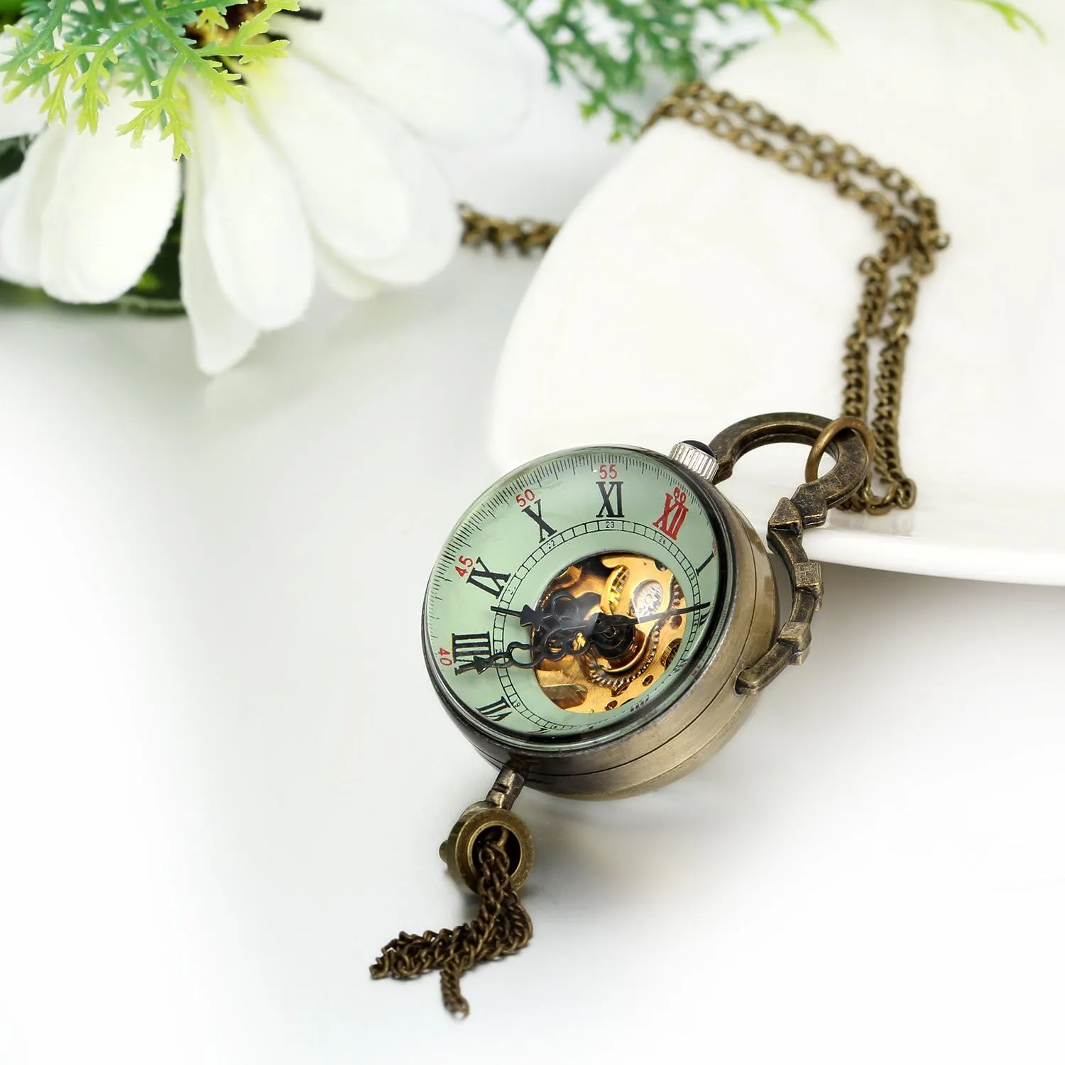 JewelryWe Retro Concave and Convex Mirror Fisheye Glass Ball Pocket Watch with Roman Character Pendant Necklace