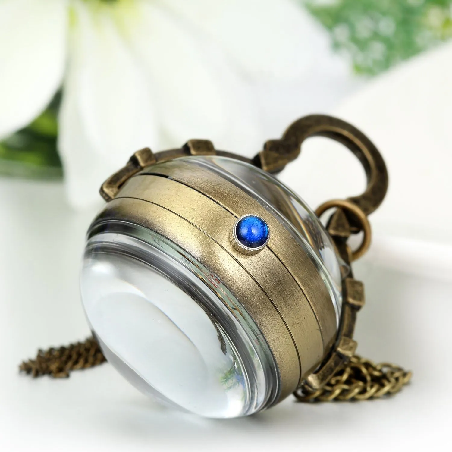 JewelryWe Retro Concave and Convex Mirror Fisheye Glass Ball Pocket Watch with Roman Character Pendant Necklace