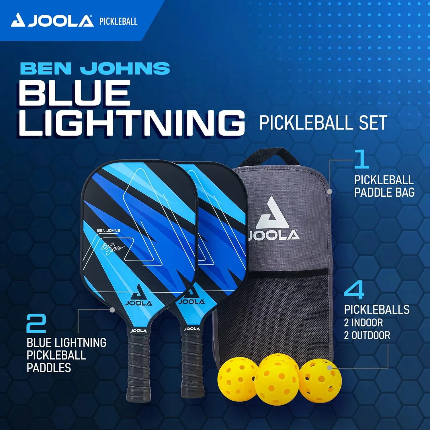 JOOLA Pickleball Paddles Set of 2 or Single Option – Multiple Colors - Reinforced Fiberglass Surface – Lightweight, Durable, Beginner-Friendly Racket Design – Set Includes Balls & Bag – USAP Approved