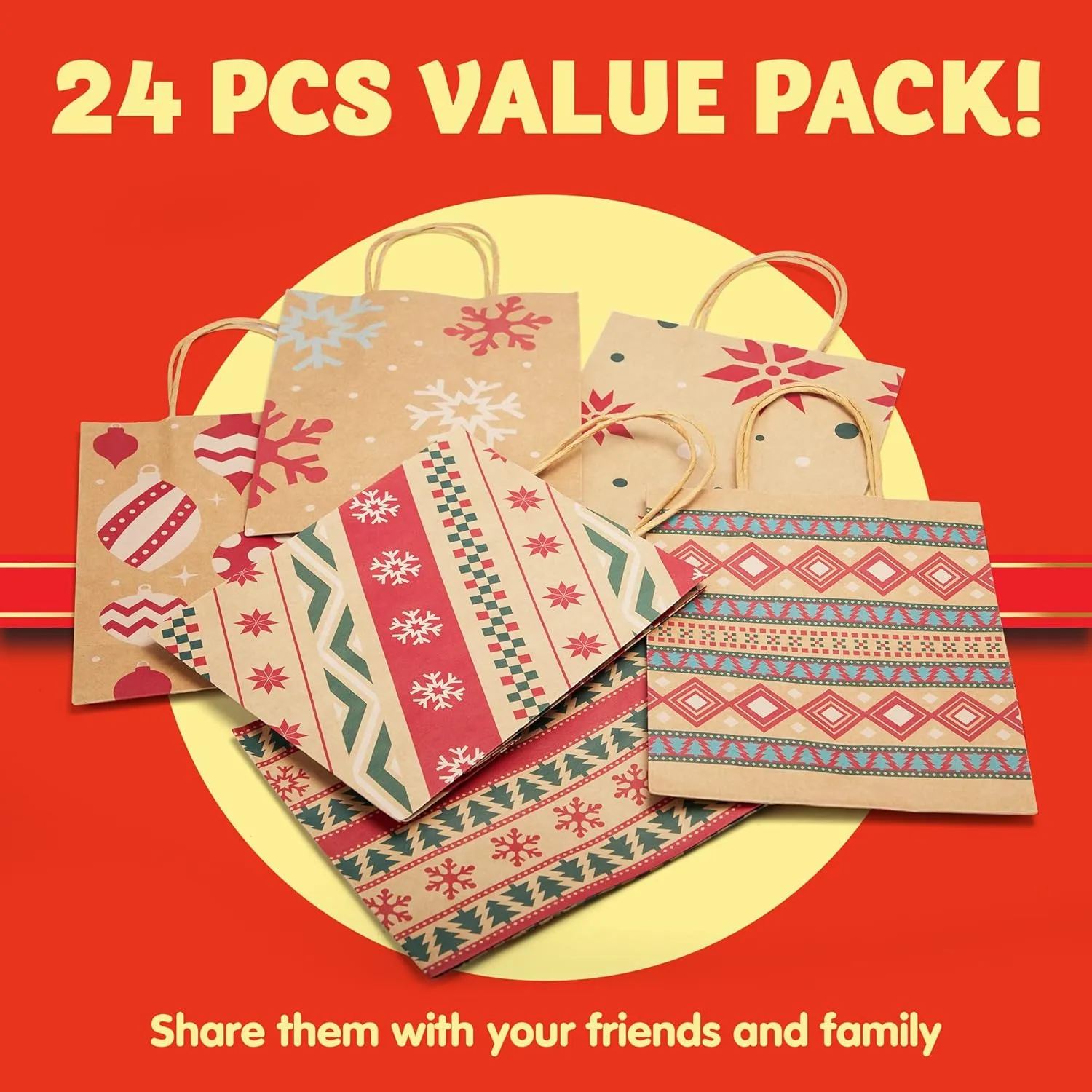 JOYIN 24 Christmas Kraft Gift Bags with Assorted Christmas Prints for Kraft Holiday Paper Gift Bags, Christmas Goody Bags, Christmas Gift Bags, Classrooms and Gifts