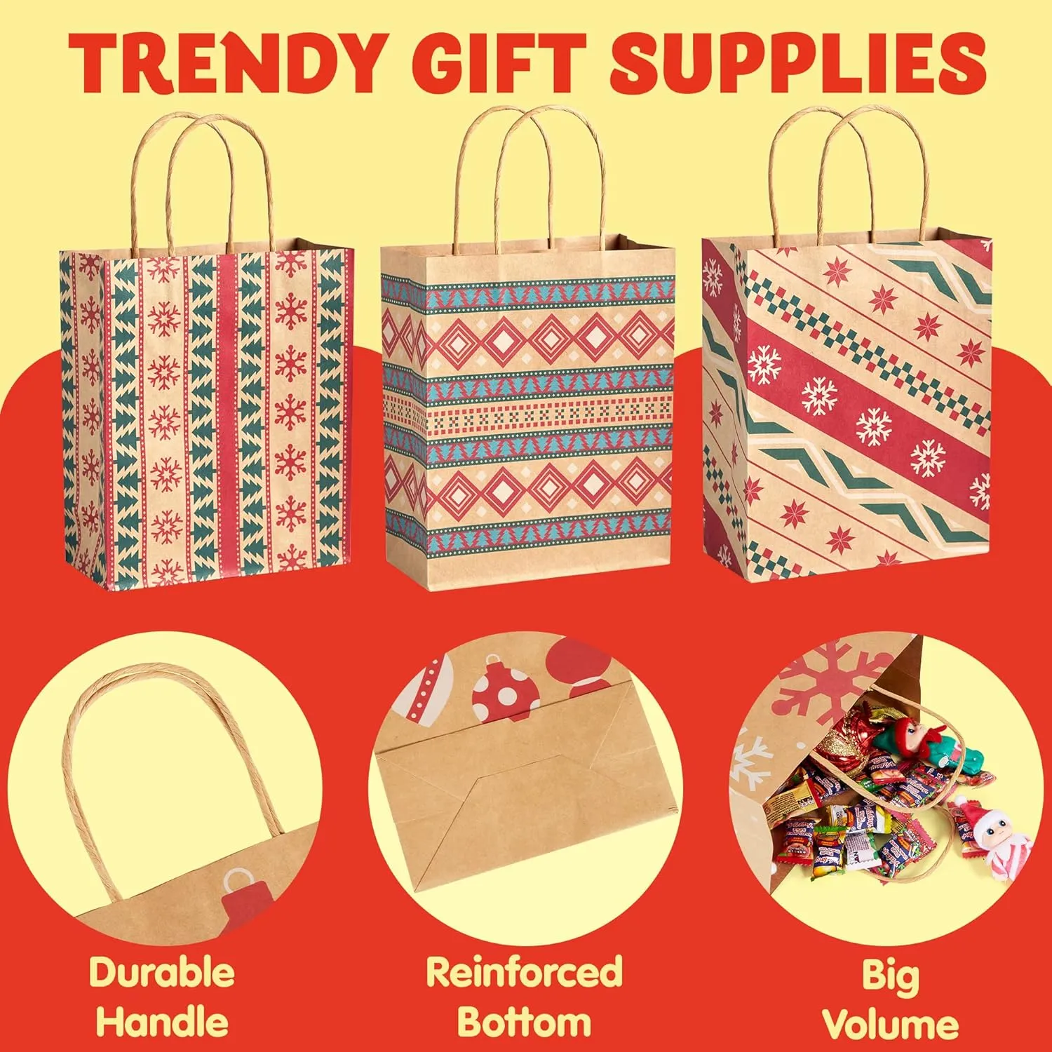 JOYIN 24 Christmas Kraft Gift Bags with Assorted Christmas Prints for Kraft Holiday Paper Gift Bags, Christmas Goody Bags, Christmas Gift Bags, Classrooms and Gifts