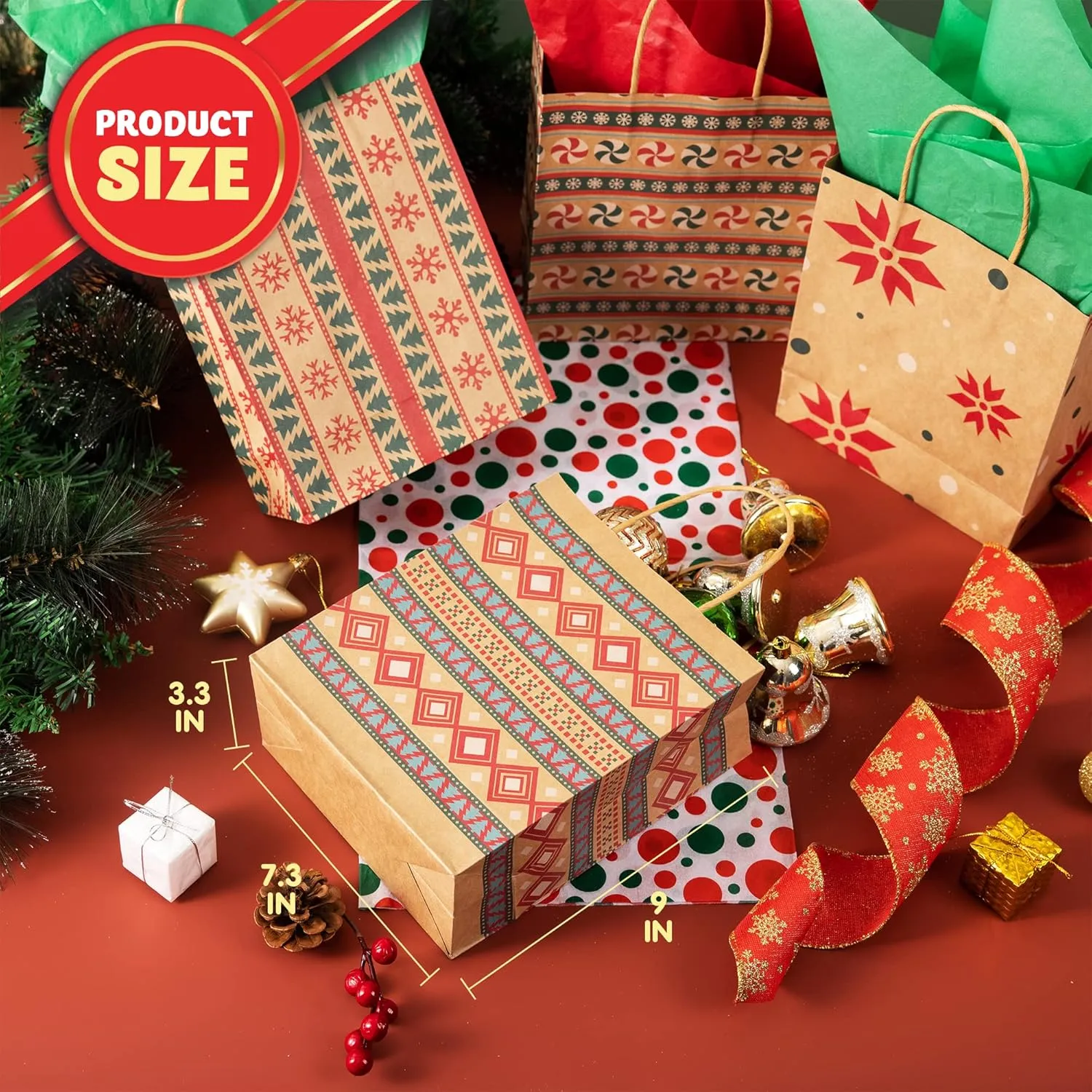 JOYIN 24 Christmas Kraft Gift Bags with Assorted Christmas Prints for Kraft Holiday Paper Gift Bags, Christmas Goody Bags, Christmas Gift Bags, Classrooms and Gifts