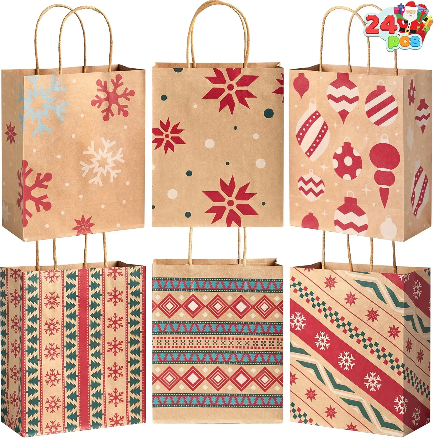 JOYIN 24 Christmas Kraft Gift Bags with Assorted Christmas Prints for Kraft Holiday Paper Gift Bags, Christmas Goody Bags, Christmas Gift Bags, Classrooms and Gifts