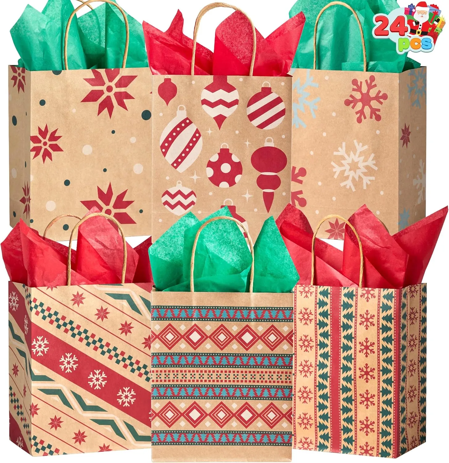 JOYIN 24 Christmas Kraft Gift Bags with Assorted Christmas Prints for Kraft Holiday Paper Gift Bags, Christmas Goody Bags, Christmas Gift Bags, Classrooms and Gifts