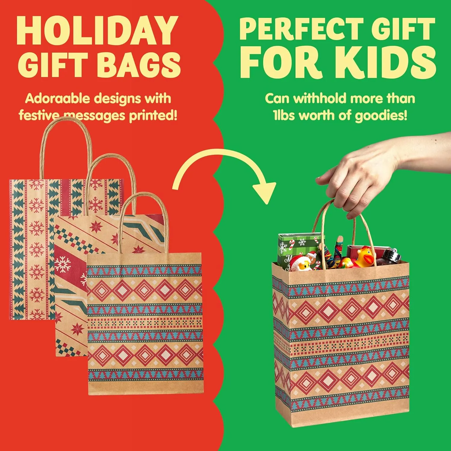 JOYIN 24 Christmas Kraft Gift Bags with Assorted Christmas Prints for Kraft Holiday Paper Gift Bags, Christmas Goody Bags, Christmas Gift Bags, Classrooms and Gifts
