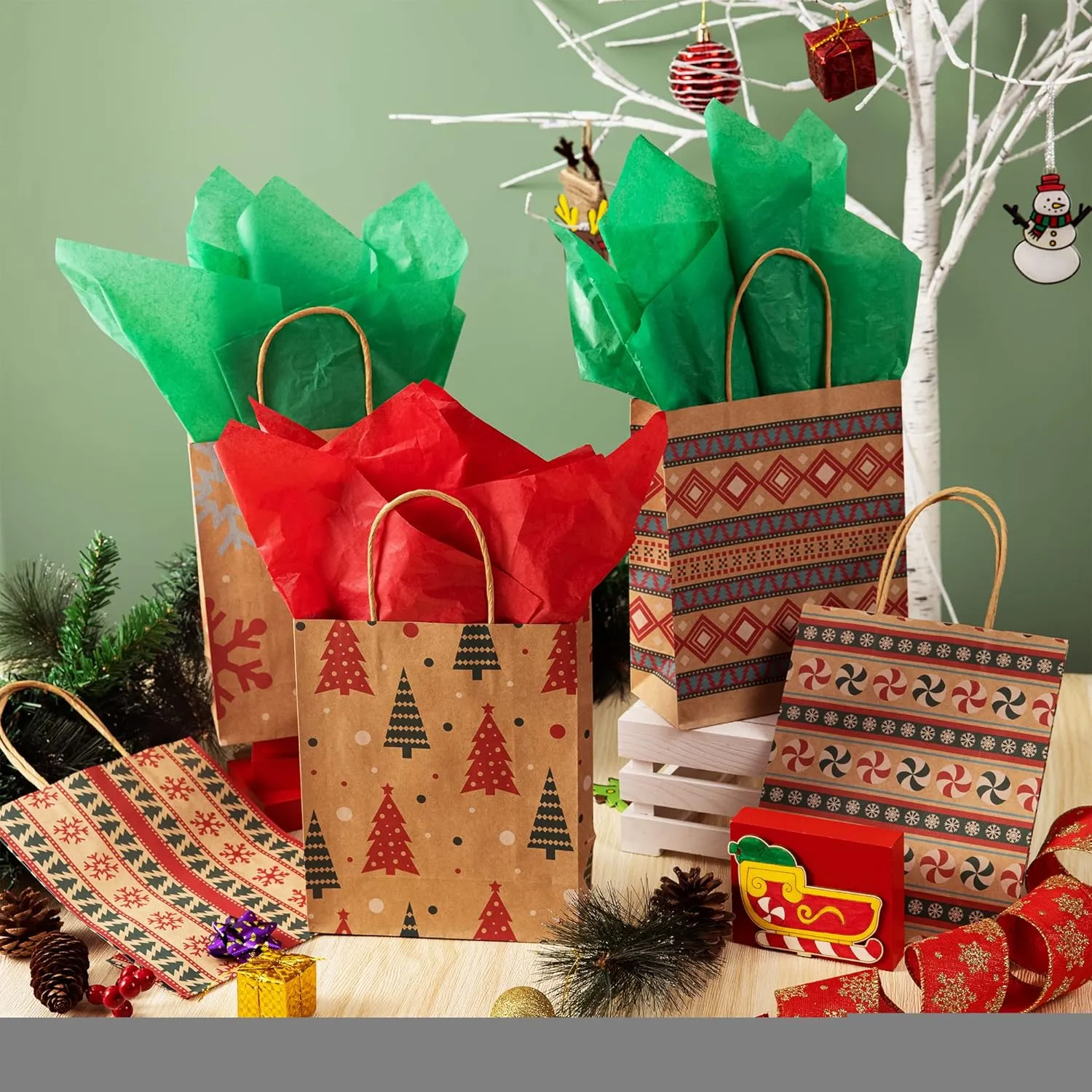 JOYIN 24 Christmas Kraft Gift Bags with Assorted Christmas Prints for Kraft Holiday Paper Gift Bags, Christmas Goody Bags, Christmas Gift Bags, Classrooms and Gifts