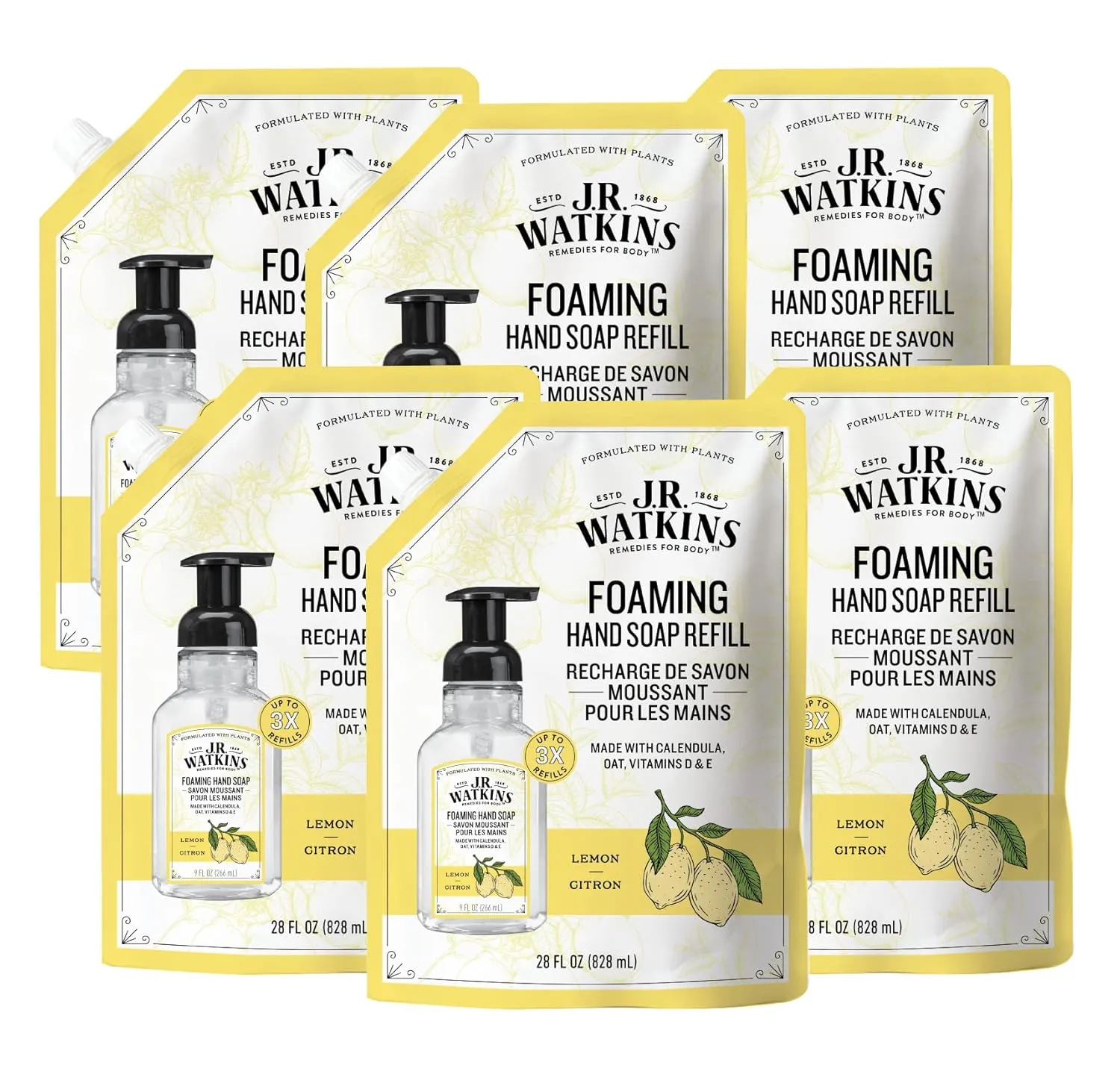 J.R. Watkins Foaming Hand Soap Refills, All Natural, Alcohol-Free Hand Wash, Cruelty-Free, USA Made, Moisturizing Hand Soap Refill for Bathroom or Kitchen, Lemon 28 fl oz Foam Soap Refill, 6 Pack