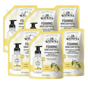 J.R. Watkins Foaming Hand Soap Refills, All Natural, Alcohol-Free Hand Wash, Cruelty-Free, USA Made, Moisturizing Hand Soap Refill for Bathroom or Kitchen, Lemon 28 fl oz Foam Soap Refill, 6 Pack
