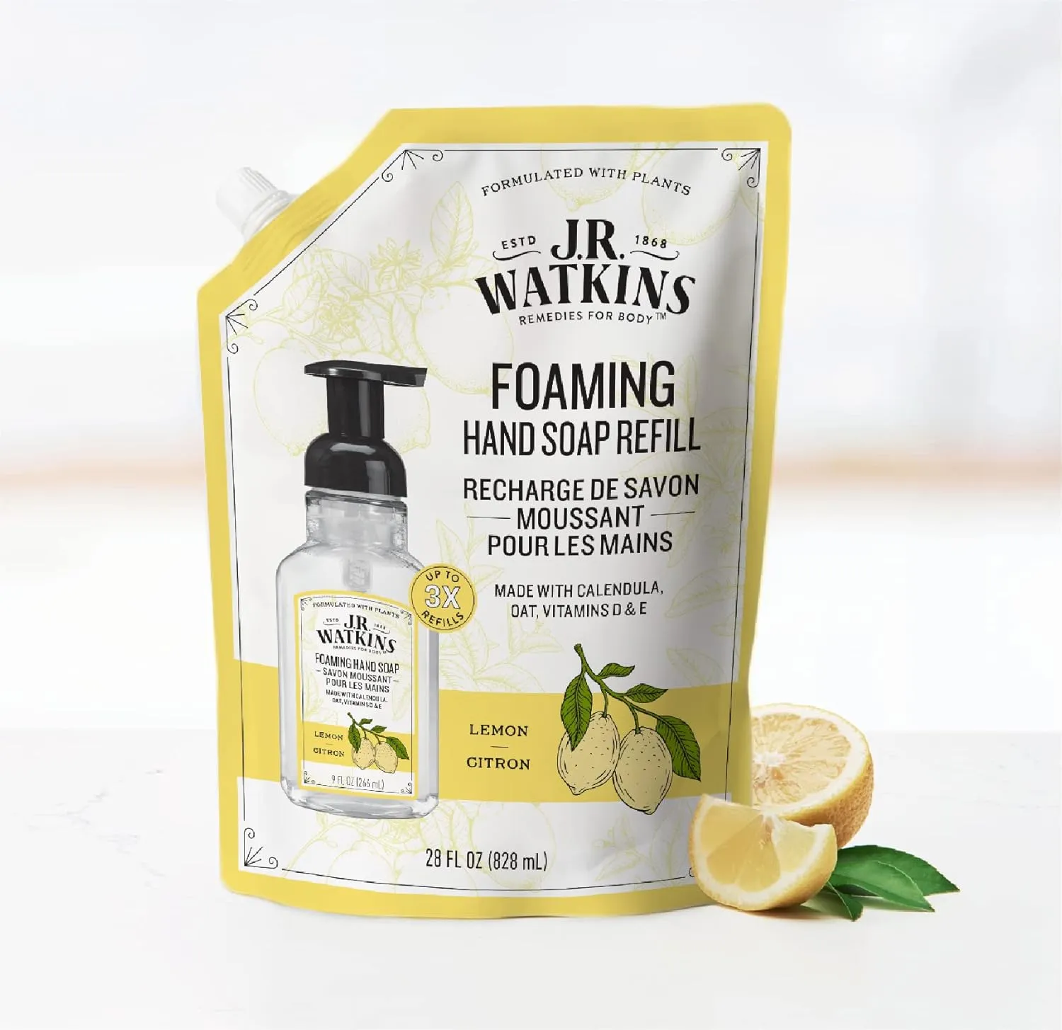 J.R. Watkins Foaming Hand Soap Refills, All Natural, Alcohol-Free Hand Wash, Cruelty-Free, USA Made, Moisturizing Hand Soap Refill for Bathroom or Kitchen, Lemon 28 fl oz Foam Soap Refill, 6 Pack