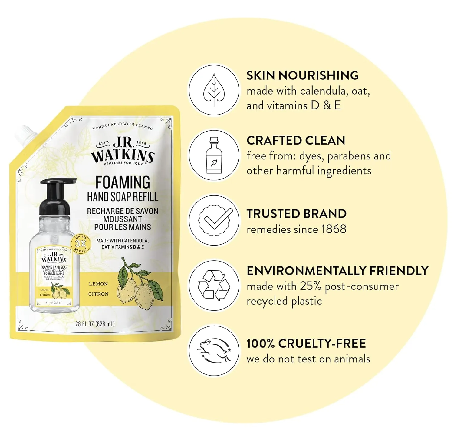 J.R. Watkins Foaming Hand Soap Refills, All Natural, Alcohol-Free Hand Wash, Cruelty-Free, USA Made, Moisturizing Hand Soap Refill for Bathroom or Kitchen, Lemon 28 fl oz Foam Soap Refill, 6 Pack