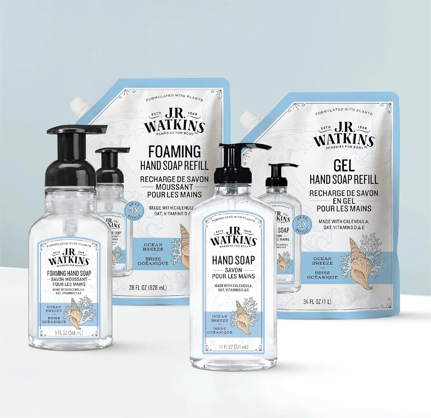 J.R. Watkins Gel Hand Soap Refill Pouch, Scented Liquid Hand Wash for Bathroom or Kitchen, USA Made and Cruelty Free, 34 fl oz, Ocean Breeze, 6 Pack