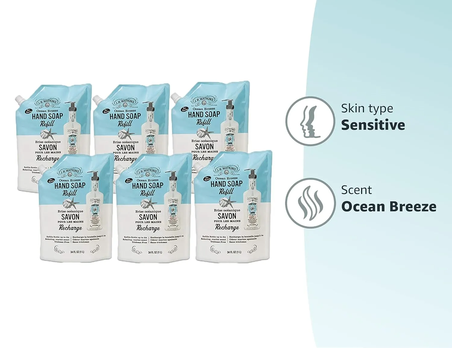 J.R. Watkins Gel Hand Soap Refill Pouch, Scented Liquid Hand Wash for Bathroom or Kitchen, USA Made and Cruelty Free, 34 fl oz, Ocean Breeze, 6 Pack