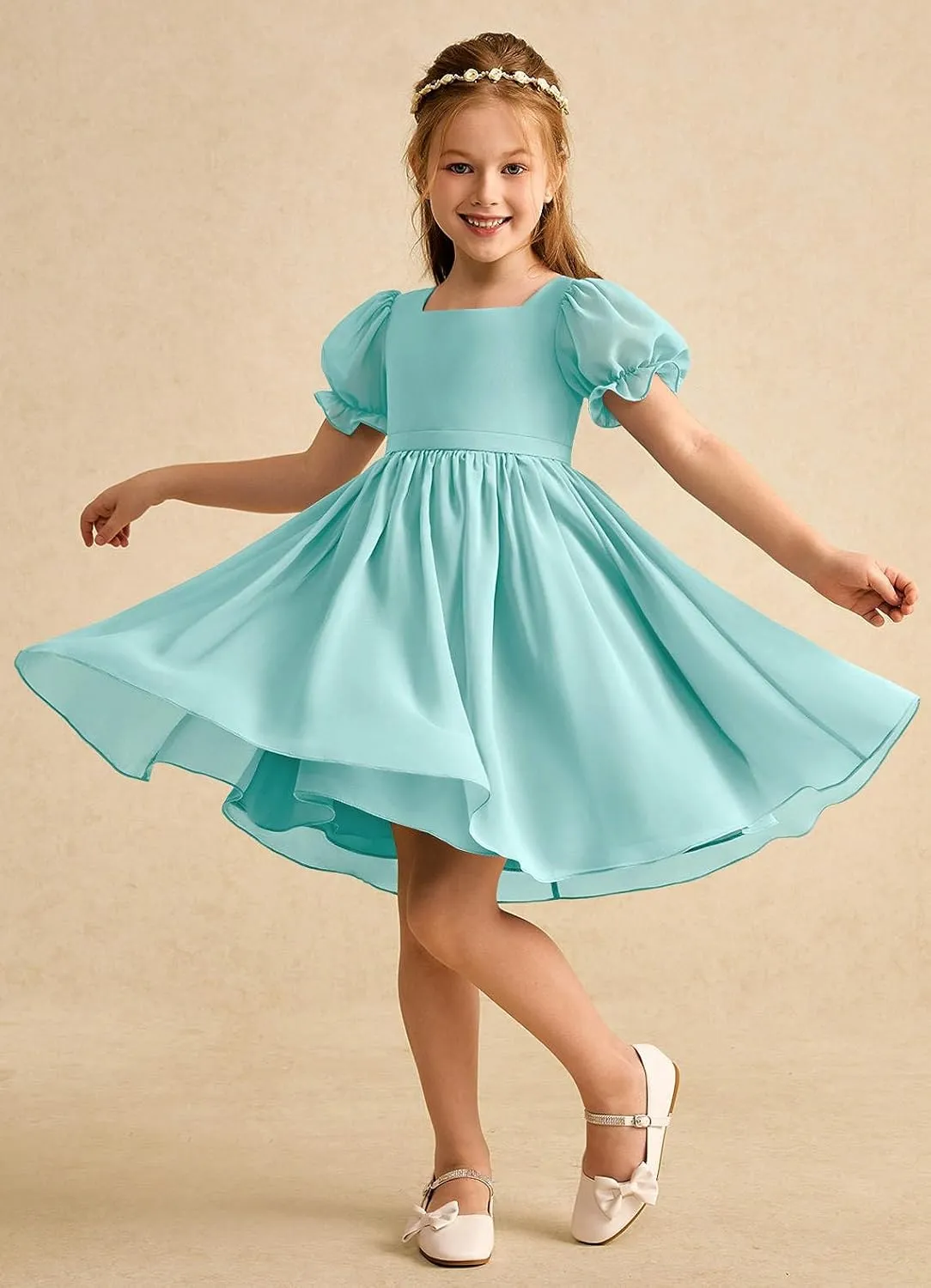 Junior Girls Bridesmaid Dress for Wedding Chiffon Short Puff Sleeve Flower Girl Dresses for Teen with Bow Back JR032