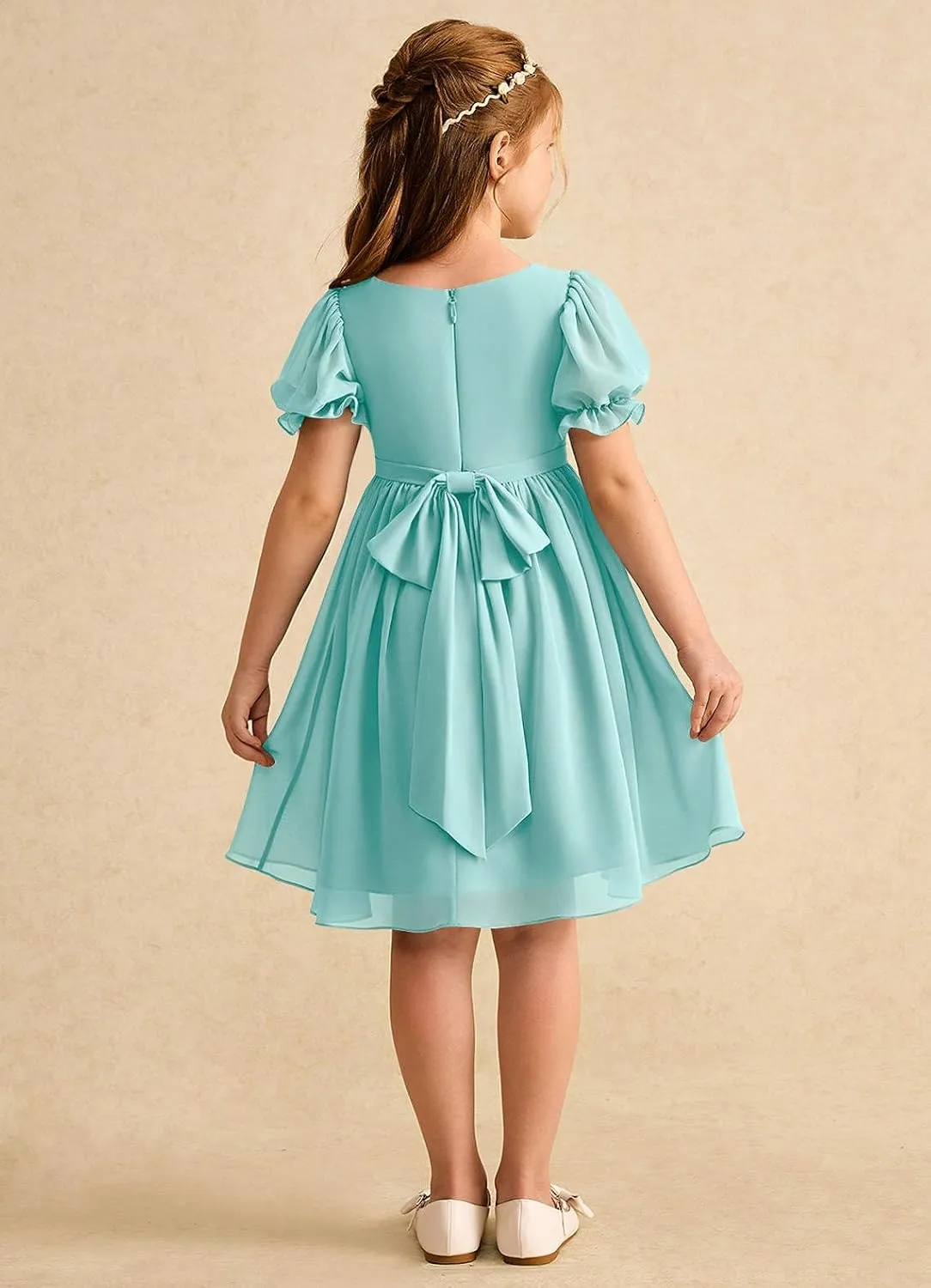 Junior Girls Bridesmaid Dress for Wedding Chiffon Short Puff Sleeve Flower Girl Dresses for Teen with Bow Back JR032