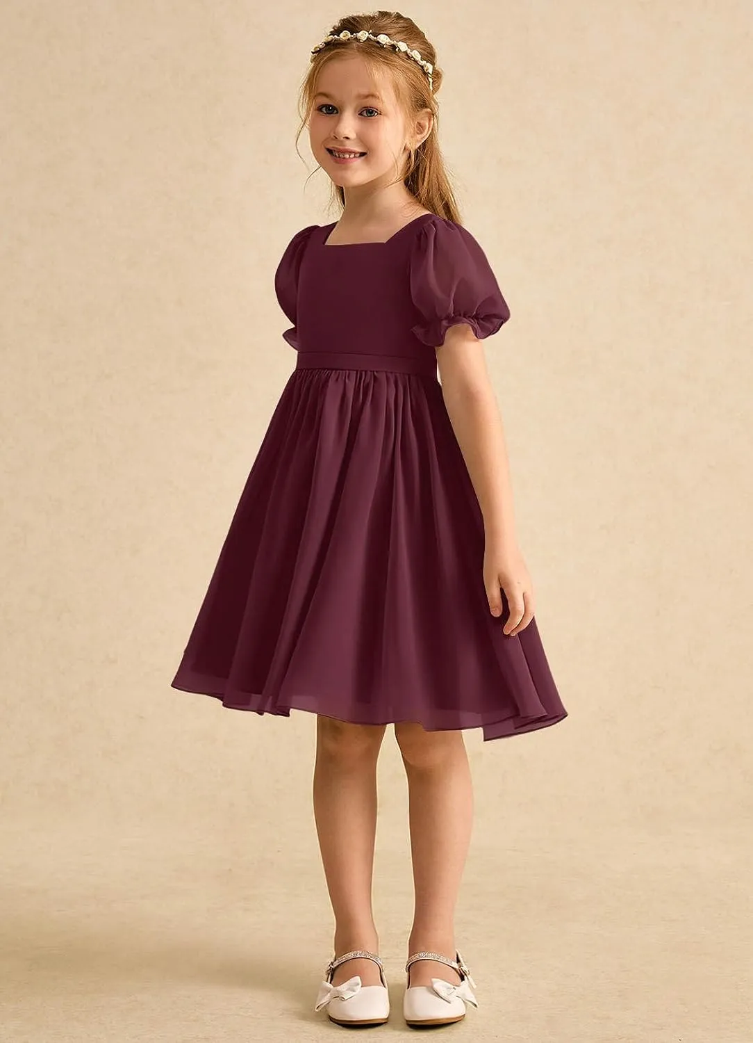 Junior Girls Bridesmaid Dress for Wedding Chiffon Short Puff Sleeve Flower Girl Dresses for Teen with Bow Back JR032