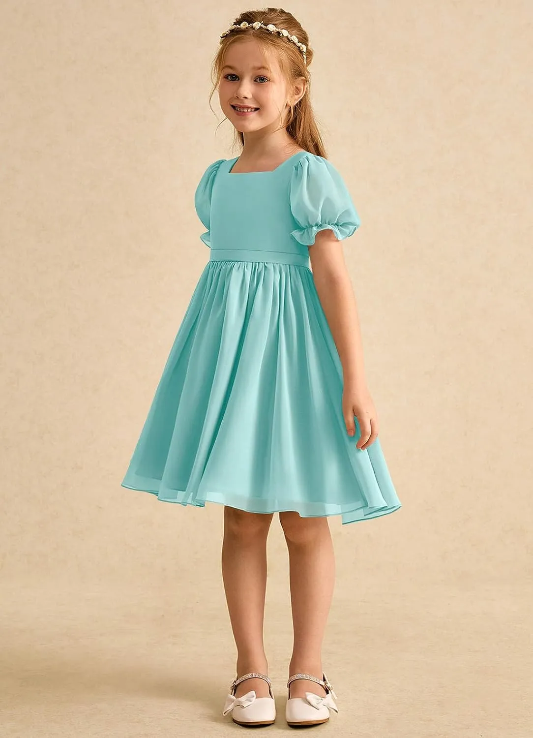 Junior Girls Bridesmaid Dress for Wedding Chiffon Short Puff Sleeve Flower Girl Dresses for Teen with Bow Back JR032
